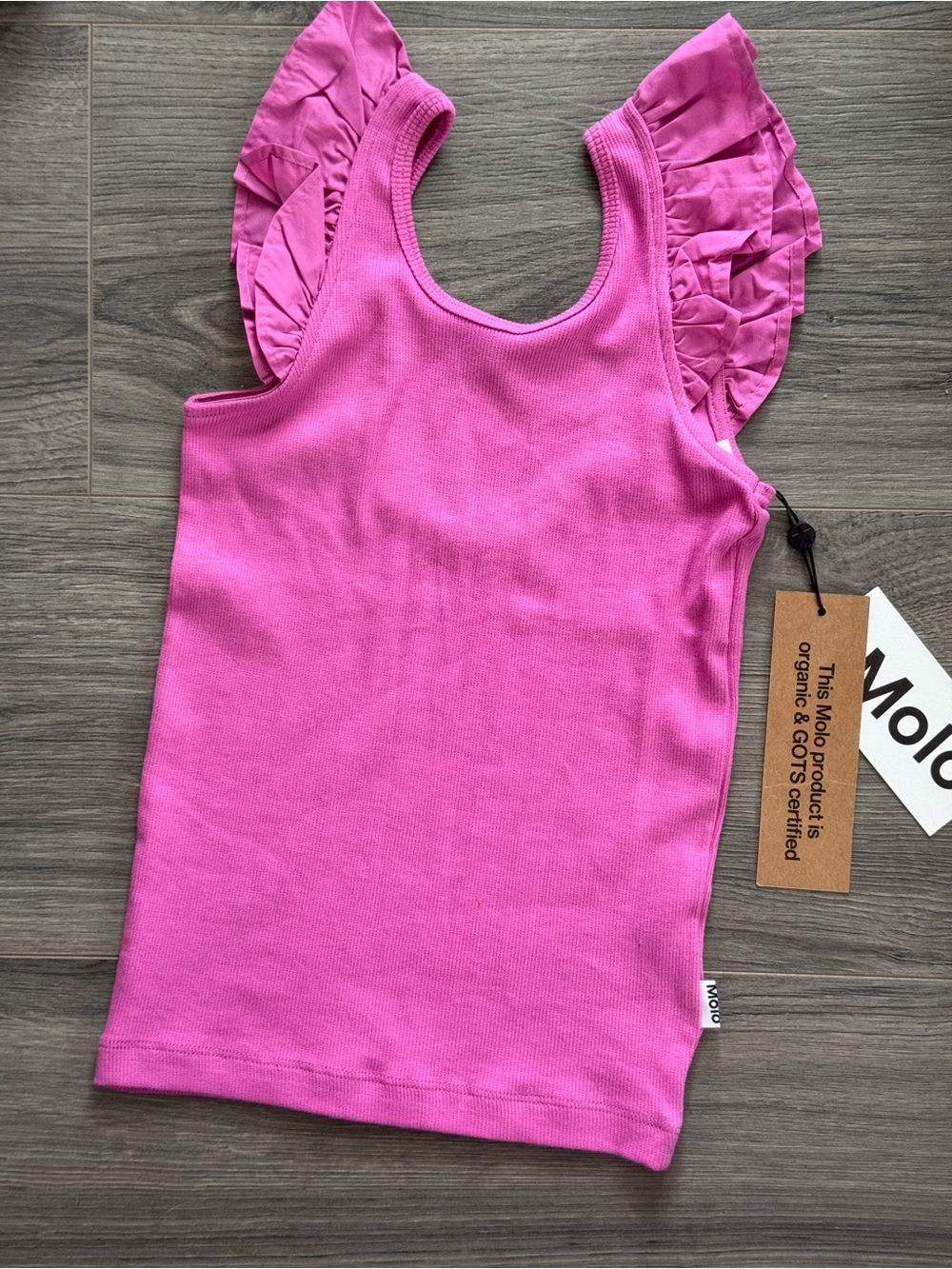 Molo Organic Tank Top Bright Pink Ribbed Cotton Ruffle Sleeve 7/8 NWT
